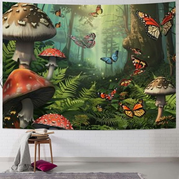 BCIIG Fantasy Forest Tapestry Wall Hanging Enchanted Fairy Tale Misty Forest Wall Tapestry Butterfly Mushroom Backdrop Home Decor for Bedroom Living Room Dorm