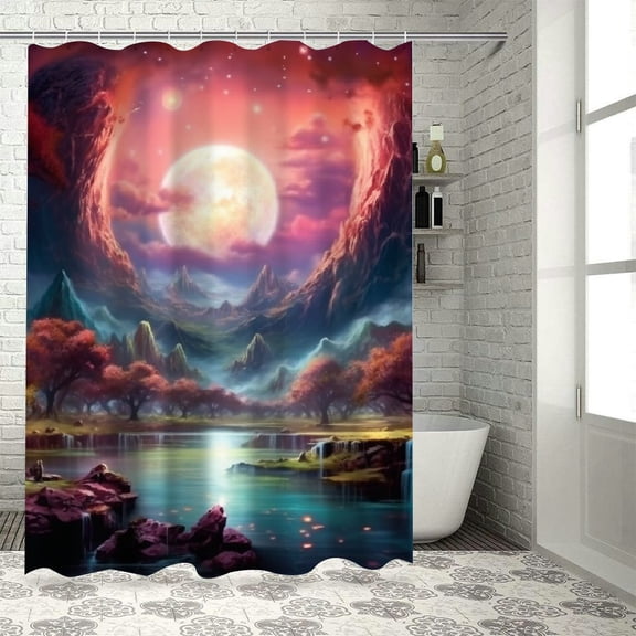 BCIIG Fantasy Landscape Giant Moon Waterfall Bathroom Decor Set with Hooks Luxurious Graphic Print Polyester Fabric Fashion Shower Curtain Set 69"x72