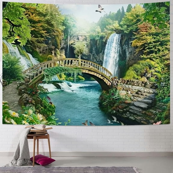BCIIG Fantasy Tapestry Spring Scenery Tapestry Waterfall Wonderland Tapestry Wall Hanging Lake White Horse Bridge Tapestry Wall for Kids Adults Bedroom Decorations Window Decor Wall Picture 40x60inch