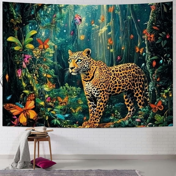 BCIIG Fantasy forest tapestry Blacklight Cheetah Jungle Tapestry Nature Tree Rainforest Tapestry Hippie Boho Mushroom Leopard Wall Tapestry home Decor for Bedroom Living Room 60x50inch