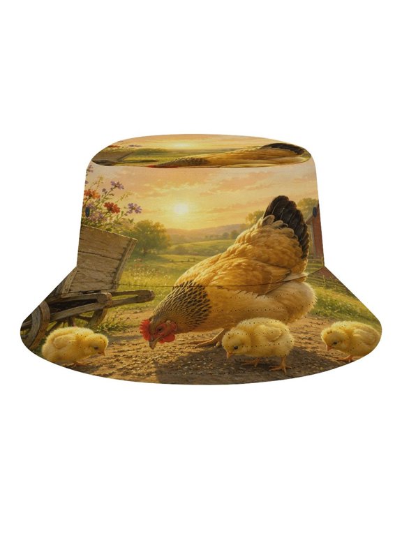 Farm Hen And Chicks Sunset Barn Country Painting Bucket Hat, Soft, Printed, Packable Fisherman Sun Hat for Beach Travel Hiking Vacation, Sun Hat for Women Men, One Size