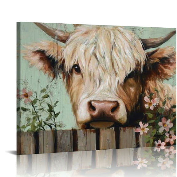BCIIG Farmhouse Highland Cow Wall Art Bathroom Wall Decor Retro Rustic Picture Funny Animal Canvas Print Vintage Home Canvas Wall Art Decor 20x16in