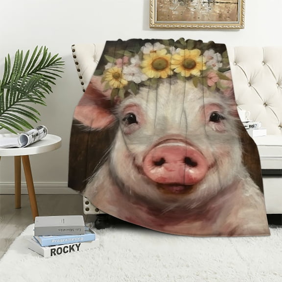 BCIIG Farmhouse Pig Blanket Gifts for Women Girls Soft Warm Lightweight Cozy Flannel Rustic Piglet with Daisy Animal Throw Blankets for Bed Sofa Home Travel Decor 50x60in