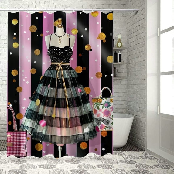 BCIIG Fashio Woman Shower Curtain Modern Girly Pink Black Stripe High Heel Perfume Girls White Floral Bathroom Decor Fabric Polyester Waterproof