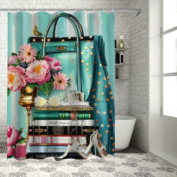 BCIIG  Fashion Women Shower Curtain  Teal Blue Modern Girly Magazine Book White Stripe Rose Flower Hangbag High Heel Makeup Bathroom Decor Fabric Polyester Waterproof