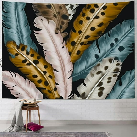 BCIIG Feathers Leopard-Print Gold-Leaf Tapestry Wall Hanging Unique Style for Home Decor - Graphic Tapestries for Living Room Bedroom Dorm 50x40inch