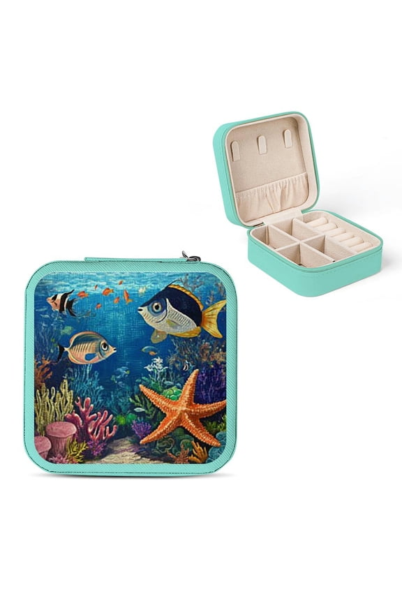 Fish Starfish Coral Reef Jewelry Box for Necklaces, Rings, Earrings - Travel Size Organizer Green