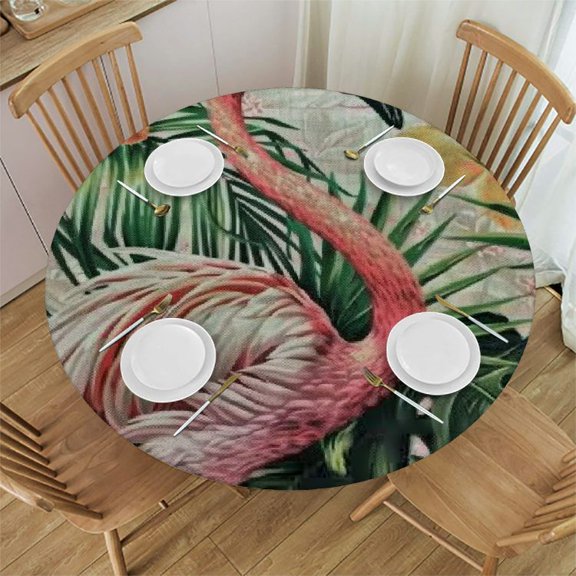 BCIIG Flamingo Flowers Palm Leaves Round Tablecloth Stain-Resistant Washable 100% Polyester for Picnic Dining Kitchen Farmhouse Waterproof 42"-46