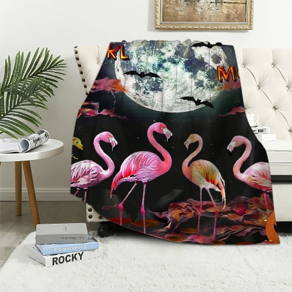 BCIIG Flamingo Halloween Flannel Throw Blanket for Bed Spider Webs Witch Black Bats Tree Pumpkins Blanket Soft Gost Skull Fall Decor 50x60in