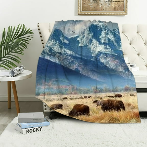 BCIIG Flannel Blanket Lightweight Soft All Seasons Bison Mountains Design 60x80in