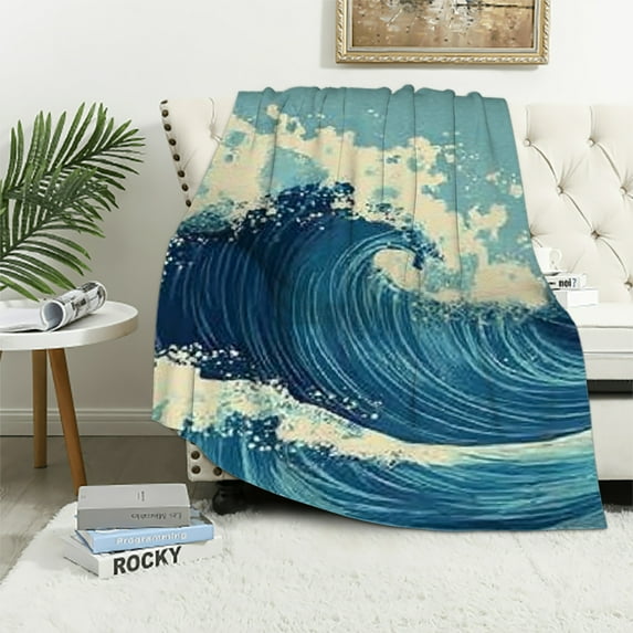 BCIIG Flannel Blanket for Bed, Super Soft All Seasons Wave Ocean Design 60x80in