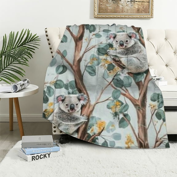 BCIIG Flannel Blanket with Adorable Koala Design Featuring Cute Koalas on Eucalyptus Trees on a Light Background 40x50in