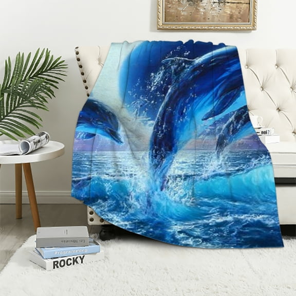 BCIIG Flannel Lightweight Soft Blanket for All Seasons - Dolphin Moon Ocean 60x80in