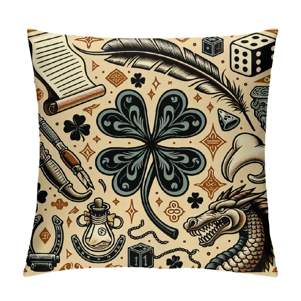 BCIIG Flax Throw Pillow Cover Traditional Tattoo Designs Dice Clover