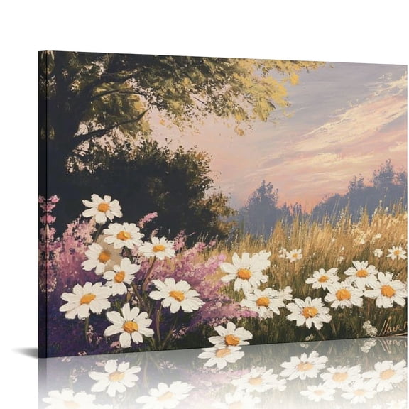 BCIIG Floral Hand Painted  Vintage Watercolor Wildflowers Textured Oil Painting Canvas Artwork, Mid Century Modern Countryside Landscape Wall Art for Office Bedroom 20x16in