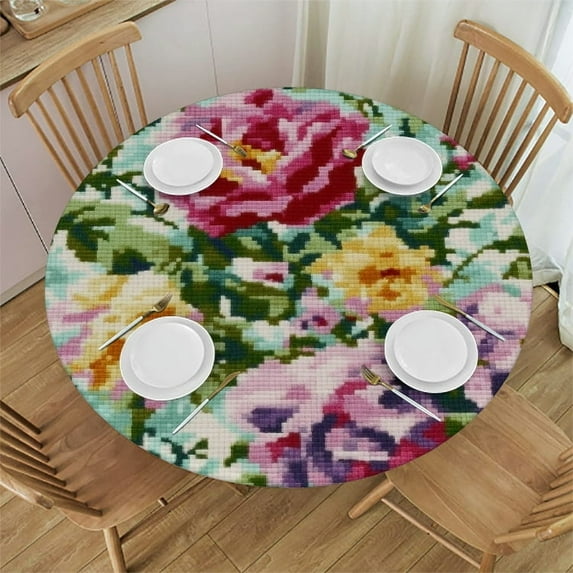 BCIIG Floral Pattern Colorful Flowers Cross Stitch Round Tablecloth Stain-Resistant Washable Indoor Outdoor Restaurant Wedding Party Waterproof Home Decor 31"-35
