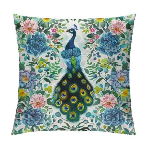 BCIIG Floral Pattern Peacock Folk Art Graphic Decorative Throw Pillow Cover for Home Couch Living Room Sofa, Printed on Both Sides, Square 1PC 24x24in