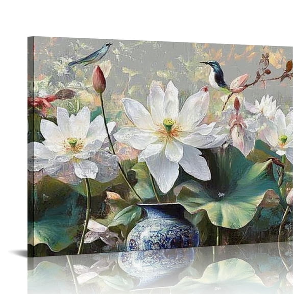 BCIIG Floral Wall Art for Living Room, White Lotus Flower Canvas Wall Decor for Bedroom, Watercolor Plant Print Painting Decoration 20x16in