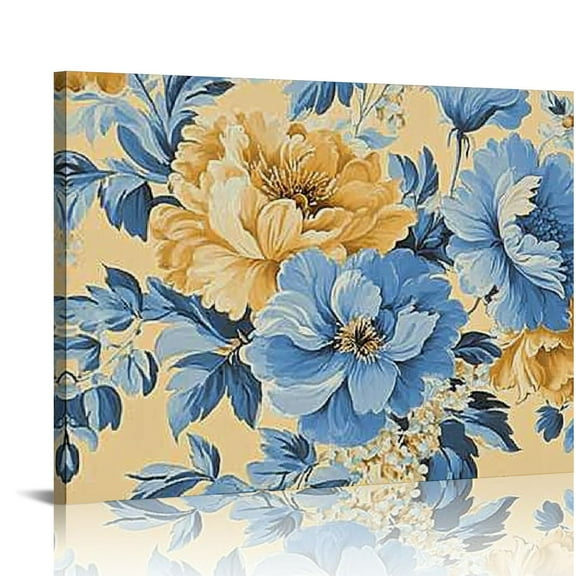 BCIIG Floral Wallpaper Blue Yellow Canvas Prints Wall Art for Living Room Bedroom Home Office Decor 20x16in