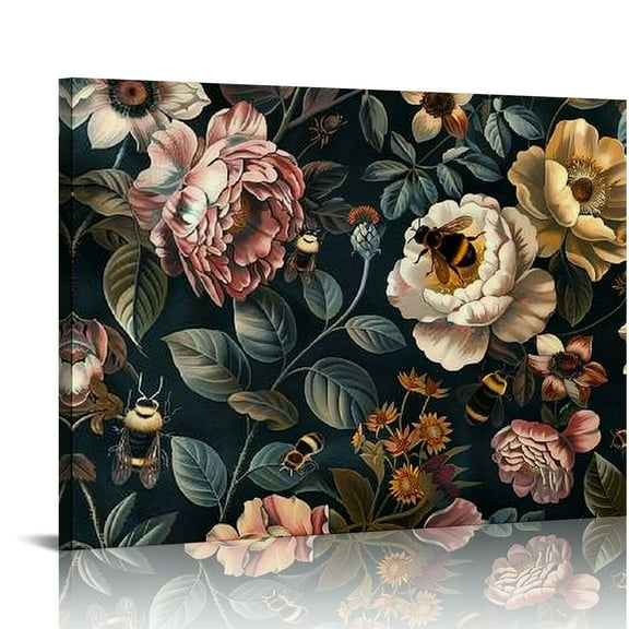 BCIIG Flower And Bee Canvas Wall Art Abstract Bee Wall Art Animal Portrait Vintage Animal Bumble Bee Prints Dark Floral Prints Academia For Wall Vintage Bee Picture 20x16in