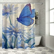 BCIIG Flower Butterflies Blue and White Bathroom Decor Set with Hooks, Colorful Luxurious Graphic Print Polyester Fabric Shower Curtain, Waterproof Shower Curtain for Bathroom with Hooks 36x72