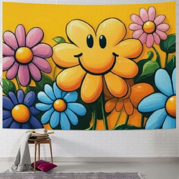 BCIIG Flower Smiley Face Tapestry Wall Hanging Unique Style for Home Wall Decor Art Living Room Bedroom Apartment Farmhouse Dorm 60x50inch