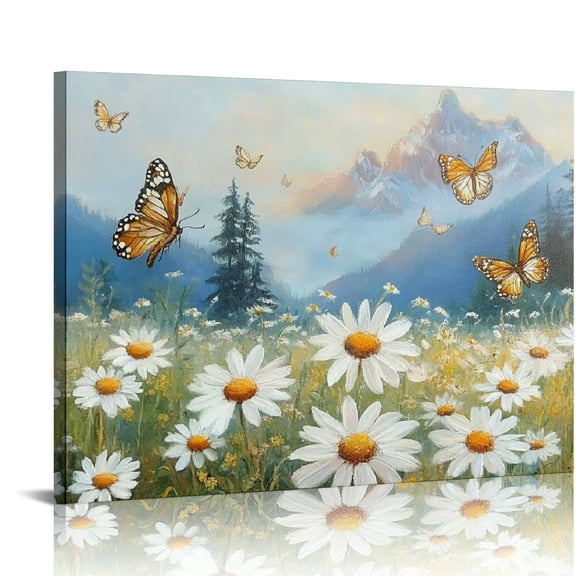BCIIG Flower Wall Art Canvas Landscape Daisy Painting Misty Mountain Picture Mustard White Daisy Foggy Mountain Textured Artwork Large  for Living Room Bedroom Bathroom Office Home Wall Decor 20x16in
