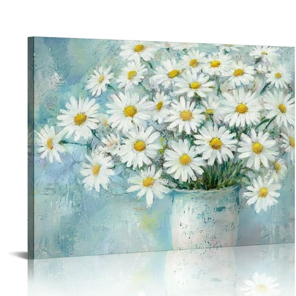 BCIIG Flowers Bathroom Wall Decor Floral Canvas Wall Art White Daisy in Vase Light Blue Background Modern Gallery Prints Pictures Ready to Hang  16x12in