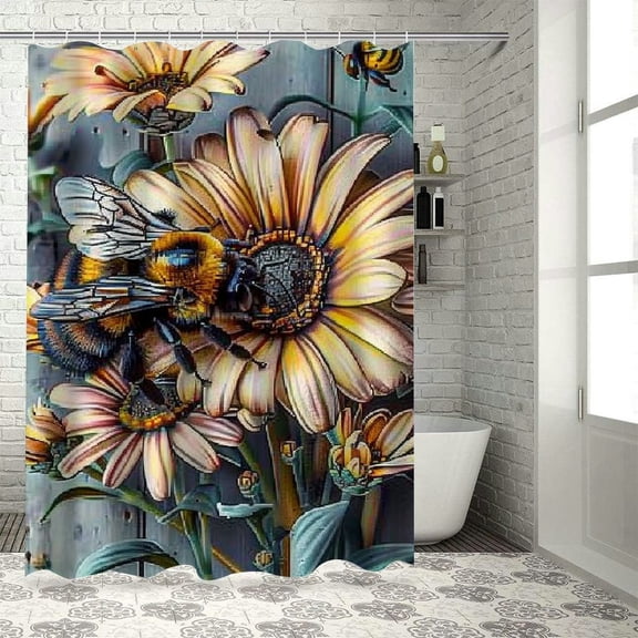 BCIIG Flowers Bee Shower Curtain Set Home Bathtubs Bathroom Decoration with Hooks 69"x72