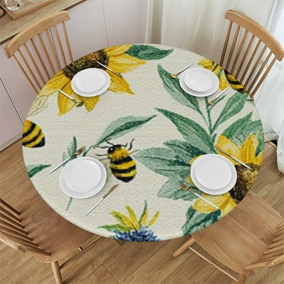 BCIIG Flowers Bees Pattern Round Tablecloth Stain-Resistant Washable Waterproof for Indoor Outdoor Home Kitchen Decor 46"-50