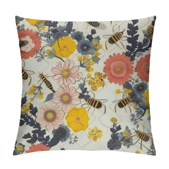 BCIIG Flowers Bees Silk Screen Graphic Decorative Cushion Throw Pillow Cover for Home Couch Living Room - High-Quality Short Plush 1PC 12x12in