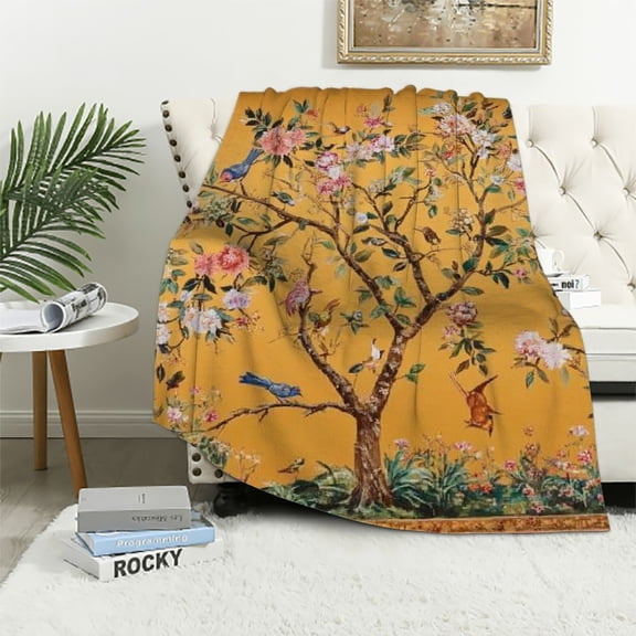 BCIIG Flowers Birds Gold Background Warm Lightweight Blanket Soft Fleece Blankets Sofa Decor Cow Gifts All Seasons 3 Sizes 50x60in