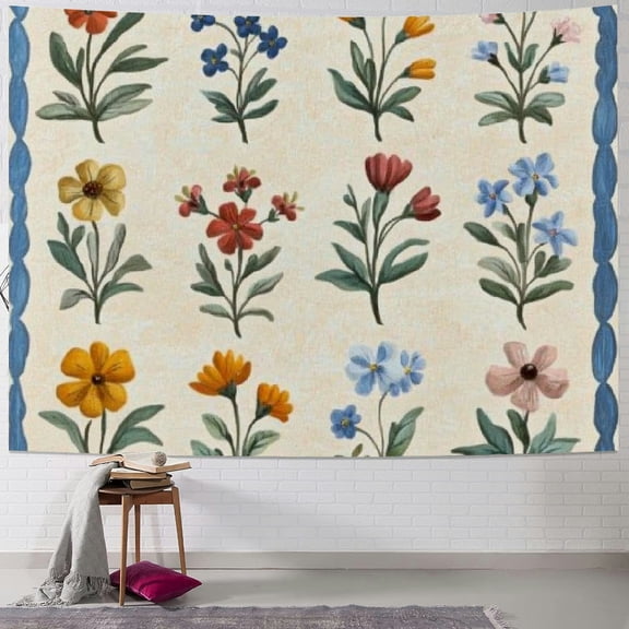 BCIIG Flowers Blue Border Arts and Crafts Tapestry Wall Hanging Unique Style for Home Wall Decor - Living Room Bedroom Dorm Decoration 60x50inch