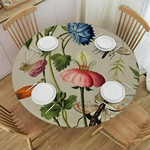 BCIIG Flowers Bugs Dragonfly Round Table Cover Stain Resistant Washable Indoor Outdoor Kitchen Dining Wedding Parties Waterproof Fabric 100% Polyester 38"-42