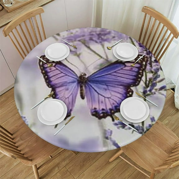BCIIG Flowers Butterflies Purple Round Tablecloth with Elastic Edge for Indoor and Outdoor Use - Stain-Resistant and Washable 31"-35