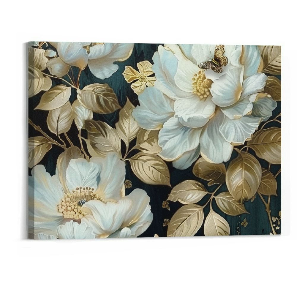 BCIIG Flowers Canvas Wall Art White Elegant Modern Picture Gold Foil ...