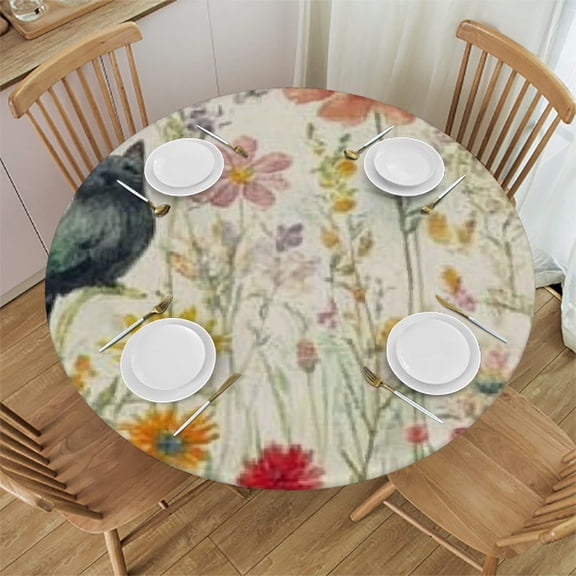 BCIIG Flowers Cat Bird Round Tablecloth Stain-Resistant Washable 100% Polyester with Elastic Edge for Indoor Outdoor Restaurants Weddings Parties Picnic Dining Kitchen Farmhouse Home 42"-46