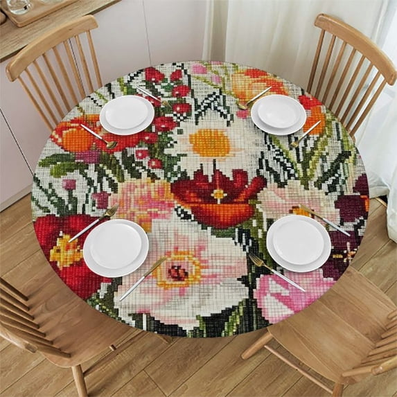 BCIIG Flowers Cross Stitch Art Nouveau Round Table Cover Stain Resistant Washable Indoor Outdoor Tablecloth Kitchen Dining Wedding Parties Picnic Farmhouse 100% Polyester Fiber 54-58