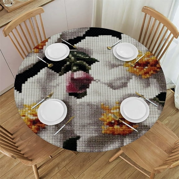 BCIIG Flowers Cross Stitch Round Tablecloth Stain-Resistant Washable Elastic Edge for Home Kitchen Outdoor Decoration 38"-42