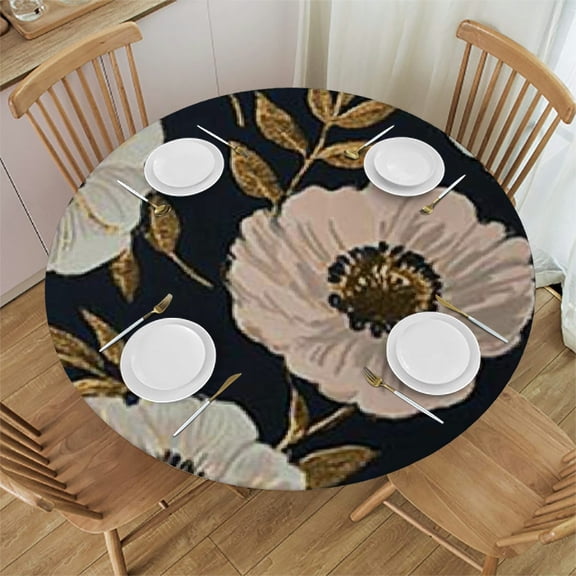 BCIIG Flowers Gold Accents Round Tablecloth Stain-Resistant Washable Elastic Edge Table Cover for Indoor Outdoor Home Use 31"-35