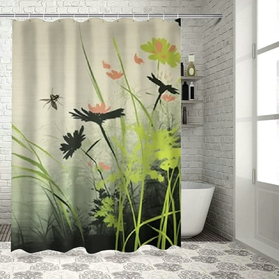 BCIIG Flowers Grass Dragonfly Washable Shower Curtain 100% Polyester Home Bathroom Decoration with Hooks 36"x72