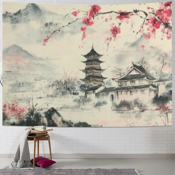 BCIIG Flowers Pagoda Chinese Landscape Tapestry Wall Hanging Unique Style Graphic Tapestries Home Wall Decor Art for Living Room Bedroom Apartment Farmhouse Dorm 60x50inch
