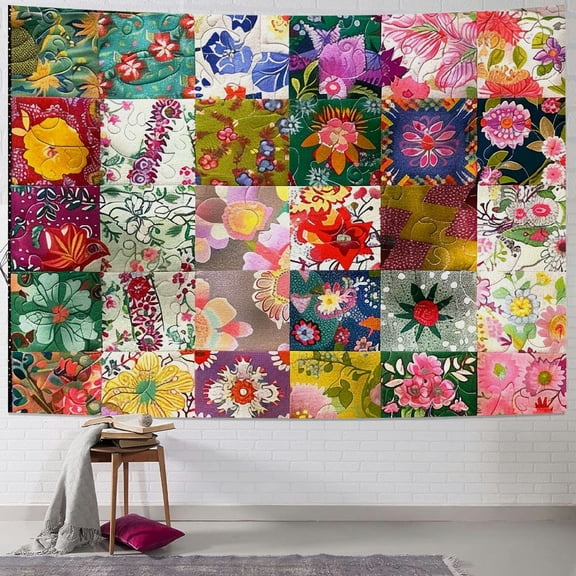 BCIIG Flowers Quilt Patchwork Tapestry Wall Hanging Unique Style for Home Decor - Living Room Bedroom Apartment Farmhouse Dorm Decoration 50x40inch