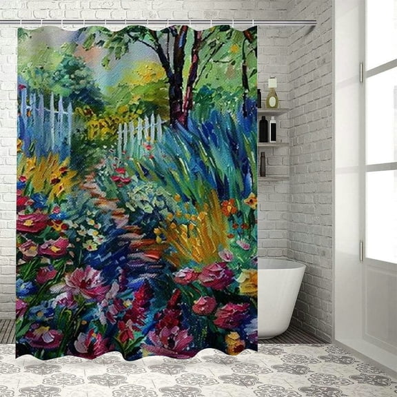 BCIIG Flowers Trees Fence Bathroom Decor Set with Hooks, Colorful Luxurious Graphic Print Polyester Fabric Shower Curtain, Waterproof Shower Curtain for Bathroom Decoration 36x72