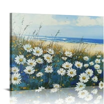 BCIIG Flowers Wall Art Canvas White Daisy Floral Painting Blue Coastal Landscape Picture Modern Large Artwork for Living Room Bedroom Bathroom Dinning Room Office Home Wall Decor Gifts 20x16in
