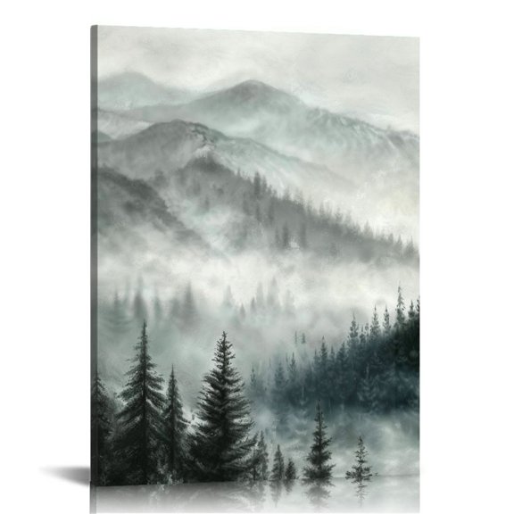 BCIIG Fog Mountains Trees Fine Art Aesthetic Wall Painting for Living Room Bedroom Home Office Wall Decor Pictures Ready to Hang Canvas Kitchen Classroom Office Farmhouse Bathroom Room Decor