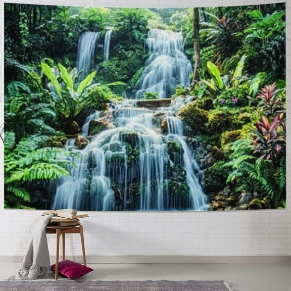 BCIIG Forest Garden Waterfall Tapestry Wall Hanging Mountain Rocks Flowing Water Scenery Green Plants Trees Beautiful Nature Wall Tapestry for Home Bedroom Living Room Dorm Decor 40x30inch