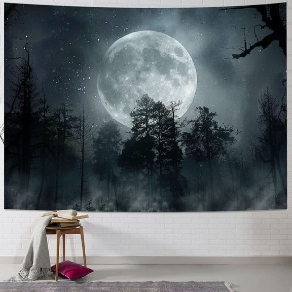 BCIIG Forest Moon Tapestry, Trippy Tapestry Mystic Forest Starry Night Full Moon Blacklight Wall Hanging Tapestry For Bedroom Living Room Dorm