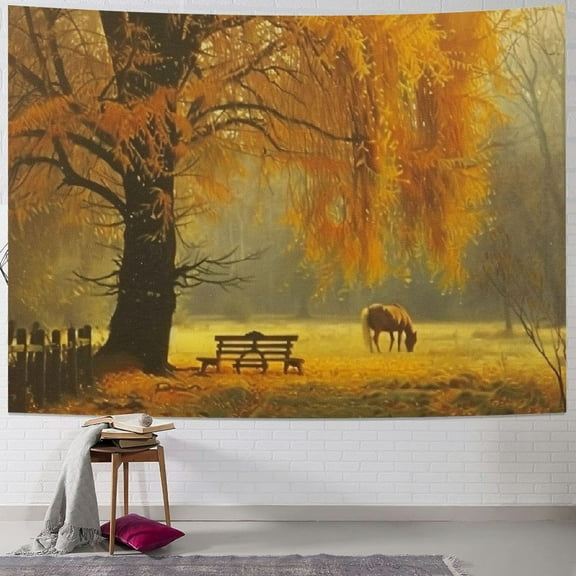 BCIIG Forest Tapestry, Autumn Fall Forest Scene with Vibrant Colors and Pale Leaves Tranquil Peace Nature, Wide Wall Hanging for Bedroom Living Room Dorm, Orange Brown