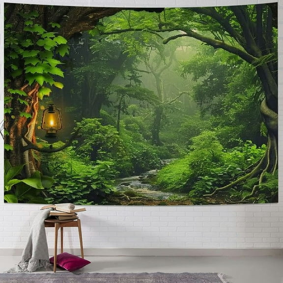 BCIIG  Forest Tapestry Nature Tree Cave Tapestry Wall Hanging Misty Forest Tapestry Stream Through Rainforest Tapestry Landscape Wall Tapestry Jungle Creek Psychedelic Tapestry for Living Room